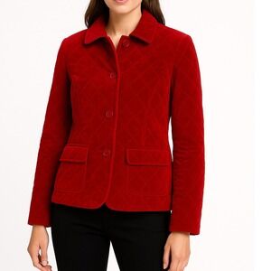 Talbots Red Quilted Velvet Jacket Size 10 Button Front Holiday Party Coat